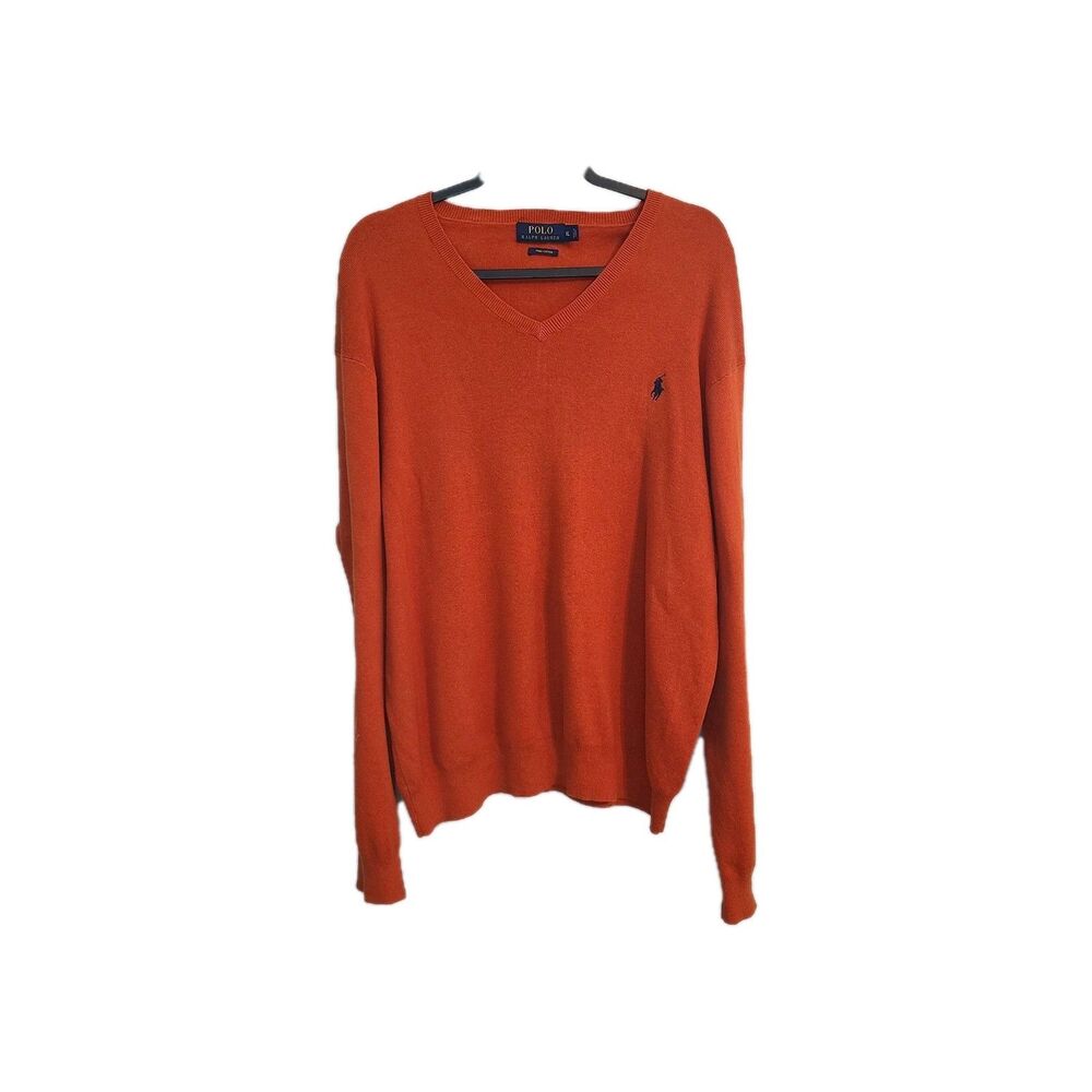 Polo Ralph Lauren Mens XL V-Neck Sweater Orange Pima Cotton Old Money Preppy Dad